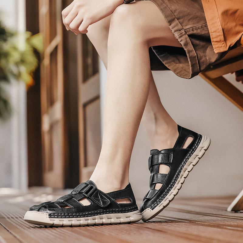 Fashion High Quality Leather Men Casual Sandals Breathable Male Summer Flats Stylish Beach Vacation Shoes Comfortable Hollow Out Loafers