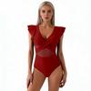 Women's  Contrast Mesh One Piece Swimsuit, V Neck Solid Color Backless Tummy Control High Cut Bathing Suit