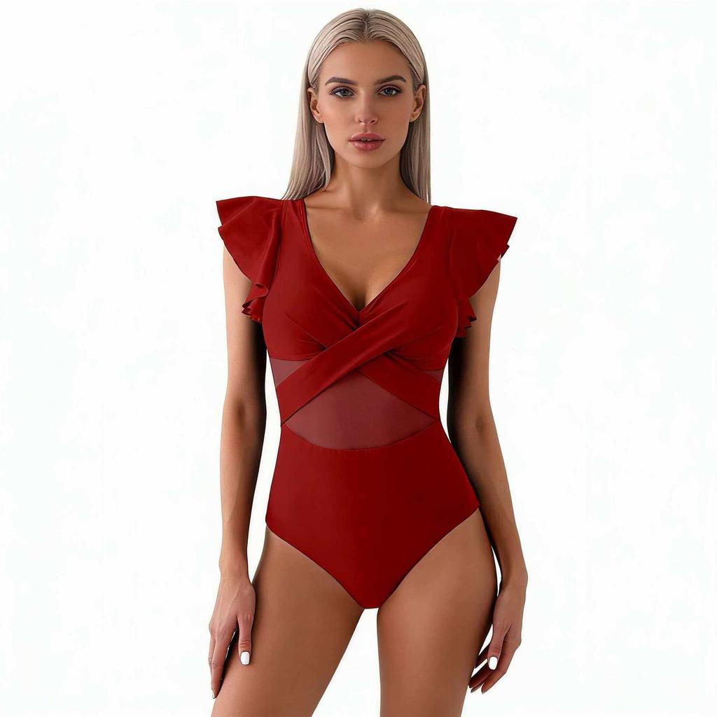 Women's  Contrast Mesh One Piece Swimsuit, V Neck Solid Color Backless Tummy Control High Cut Bathing Suit
