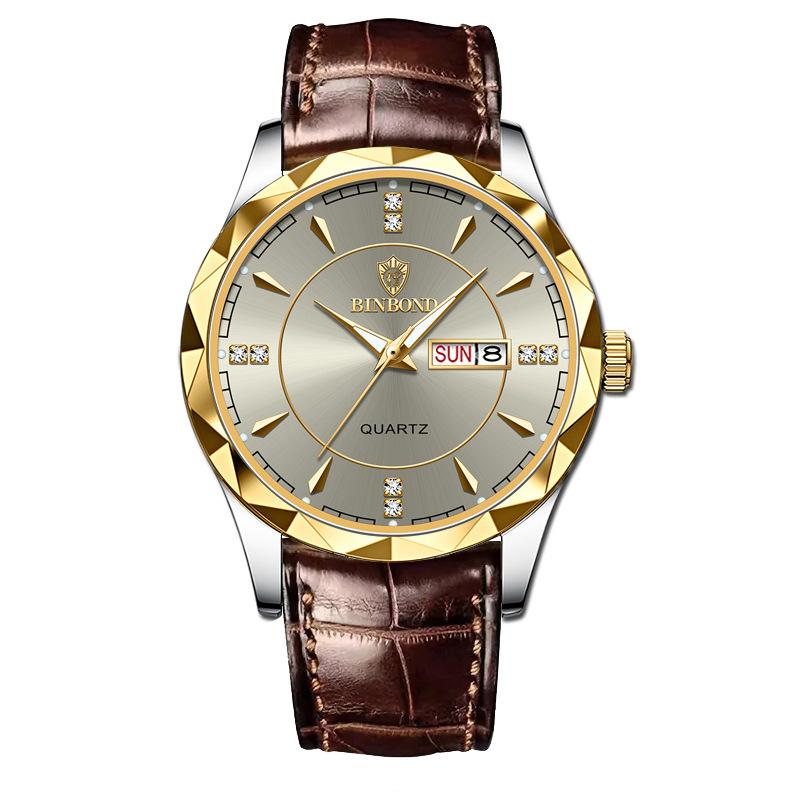 Men's Watch Gold Watch Steel Belt Double Calendar Week Quartz Watch Men's Watch