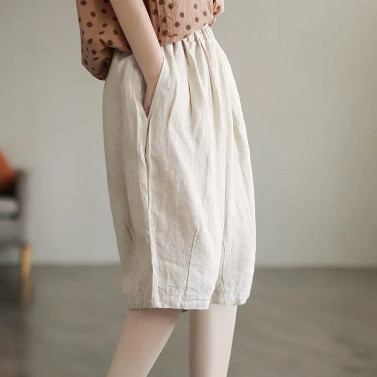 Pantaloni semplici casual da donna estivi in cotone e lino retrò letterario a tinta unita con elastico in vita taglia grande pantaloni a cinque punti