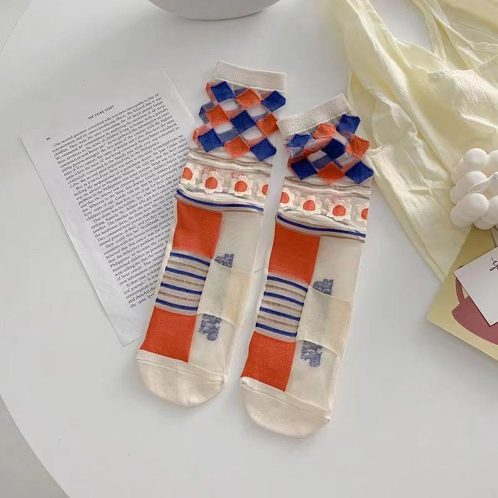Sweet Floral Print Mid-calf Socks Ultra-Thin Crystal Silk Socks  Casual Wear