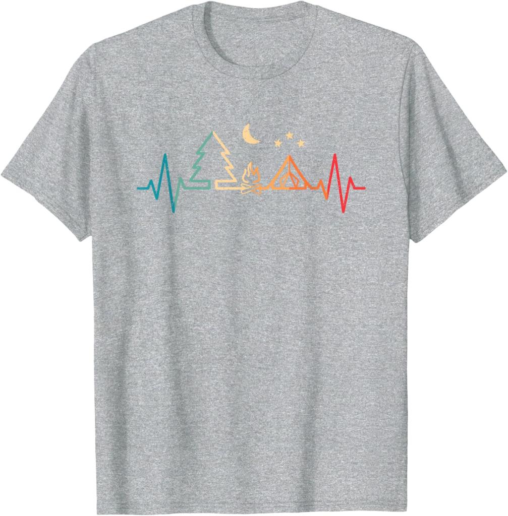 Retro Camping Heartbeat Nature Camper Hiking Men Boys TShirt