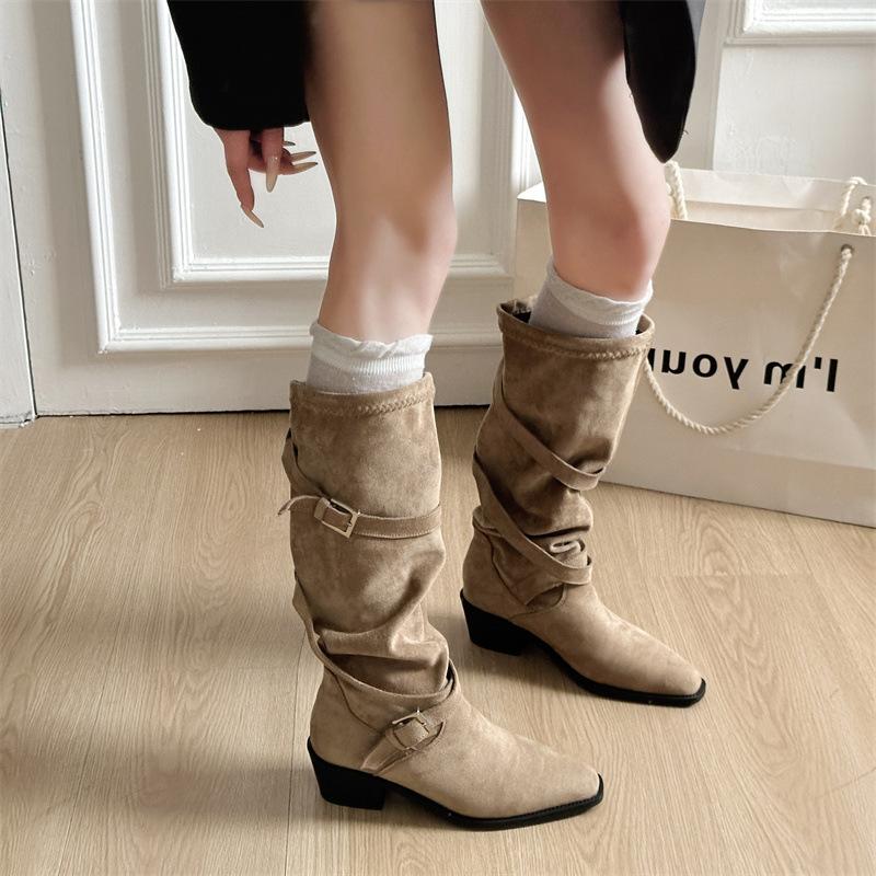 

Cowhide version retro belt buckle pointed high boots women s autumn and winter versatile thick heel leather boots temperament thick heel fashion boots 40 хакі