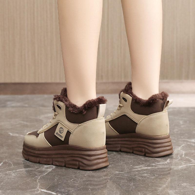 Damen Warme, klobige Plateau-Schneestiefeletten Bequeme Winterstiefeletten aus PU-Leder Leichte, rutschfeste Stiefeletten mit Kunstfellfutter Kurze Stiefeletten Schuhe für Damen