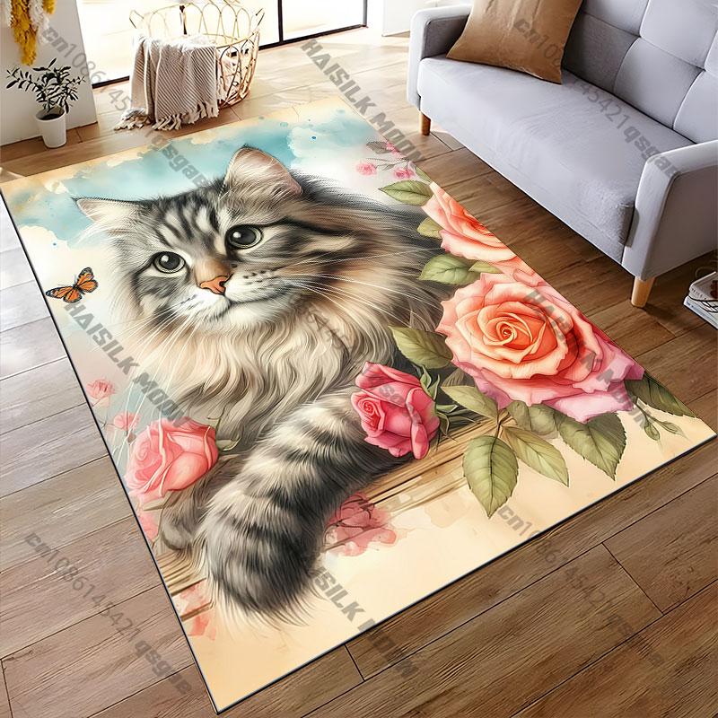 Cat surrounded by colorful flowers carpet Yoga living room room decor children's crawling mat doormat area rug games mat
