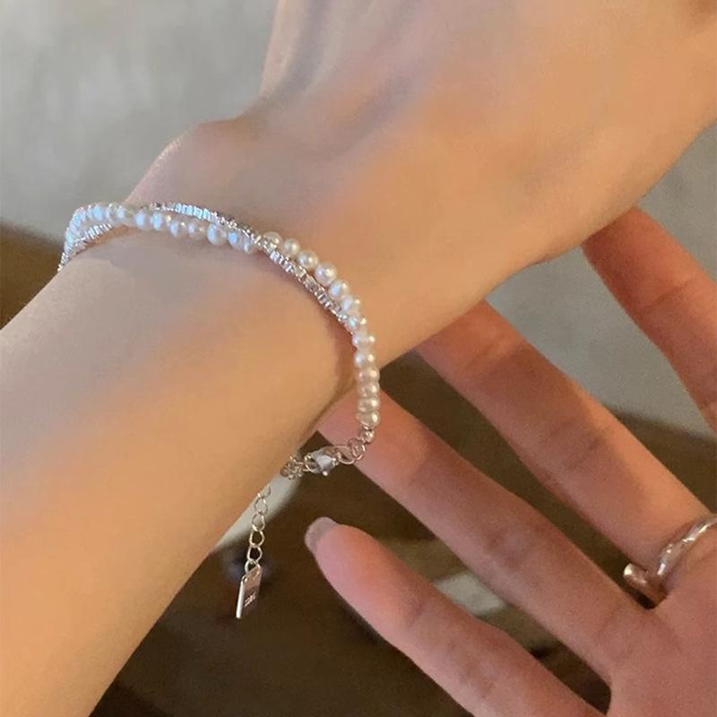 PANJBJ 925 Sterling Silver Double Layer Pearl Bracelet for Women Girl Design Bead Korean Sweet Jewelry Dropshipping
