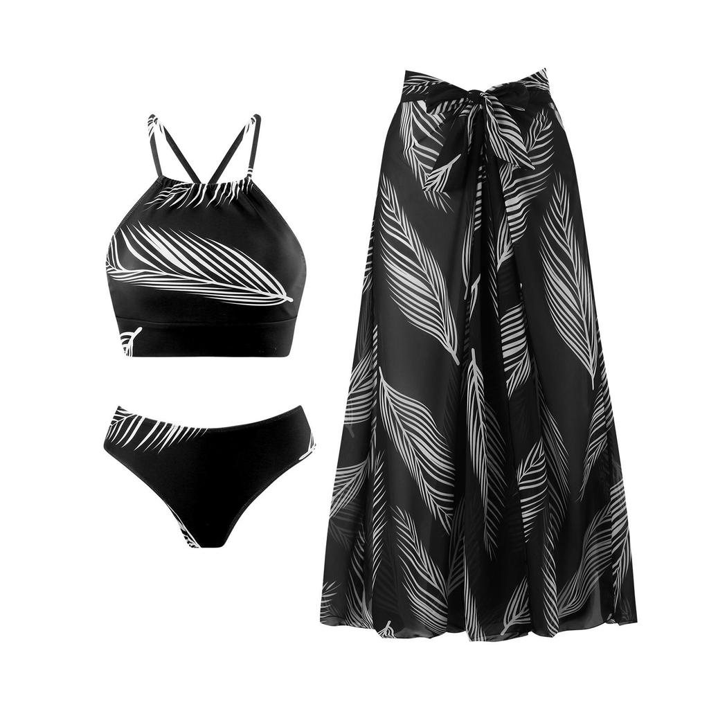 European & American One-Shoulder Split Swimsuit with Chiffon Skirt Set