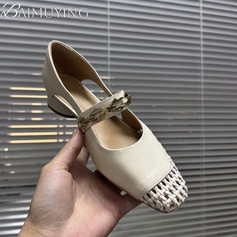 Square Toe Weave Shoes Women Chain Heeled Sandals Summer 2025 Trend Shallow Dress Woman Loafers Casual Soft Leather Sandalias