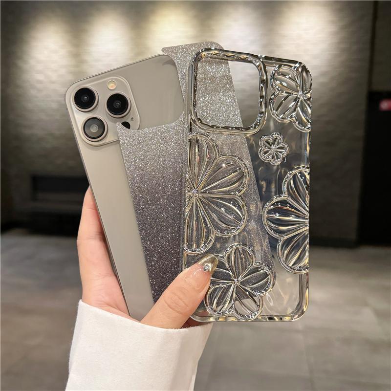 For iPhone 15 Pro Max Luxury Flash Glitter Flowers Plating Frame Phone Case For iPhone 11 12 13 14 15 16 Soft Protective Cover
