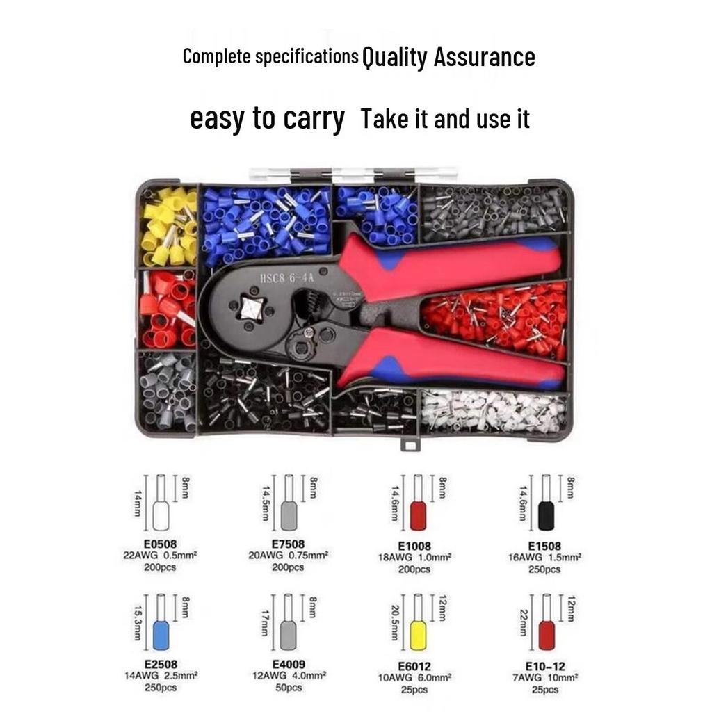 VE Terminal Crimping Pliers Kit: 6-4A Crimp Pliers with 1200PCS Cold Press Wiring Terminals in a Plastic Box.
