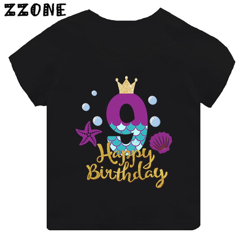 Cute Mermaid Princess Print Girls Clothes 1 2 3 4 5 6 7 8 9 Years Happy Birthday Kids Short Sleeve T Shirt Baby Boys TShirts