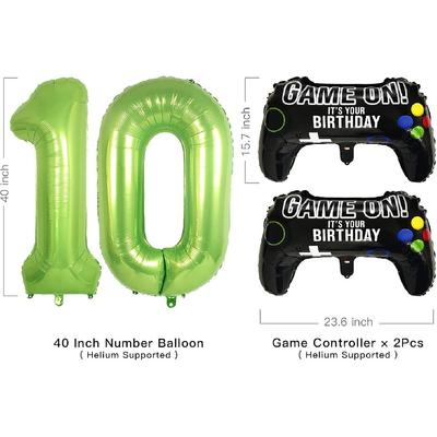 Video Game Party Balloons for Boys 10th Birthday Decorations- 2 Packs Game Controller Mylar Balloons with Green Number Balloons 10