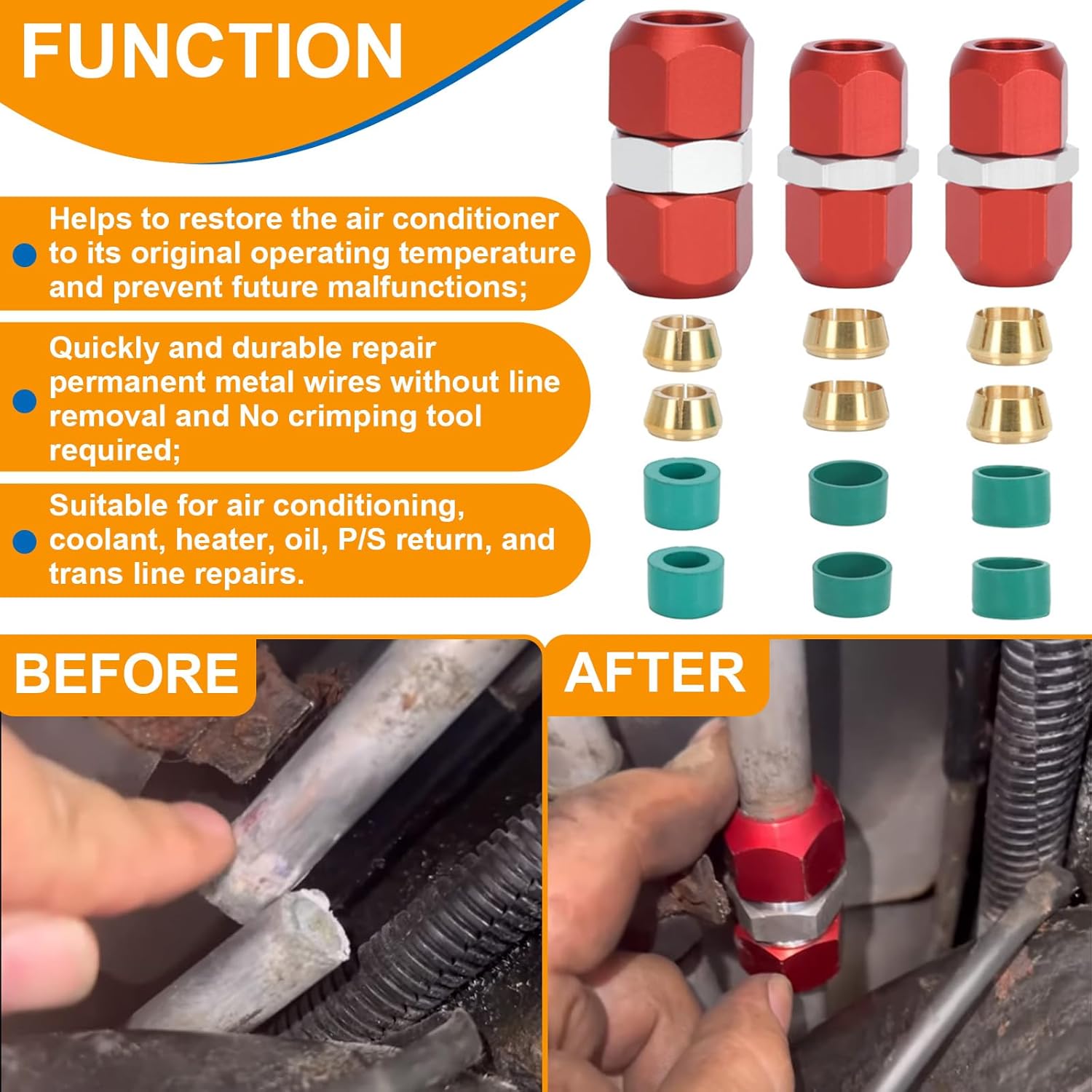 Replace for 800-640 800-641 800-642 A/C Line Repair Splice Connector Kit Fit for 5/8 in 3/8 in 1/2 in Aluminum Tube Lines
