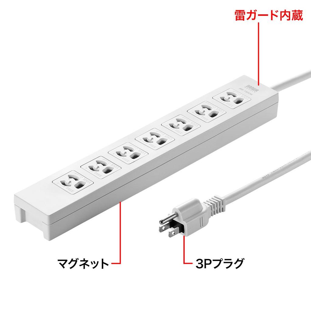 Sanwa Supply Power Strip, Lightning Guard, 3-Pin, 7 Outlets, 3m, TAP-F37-3R