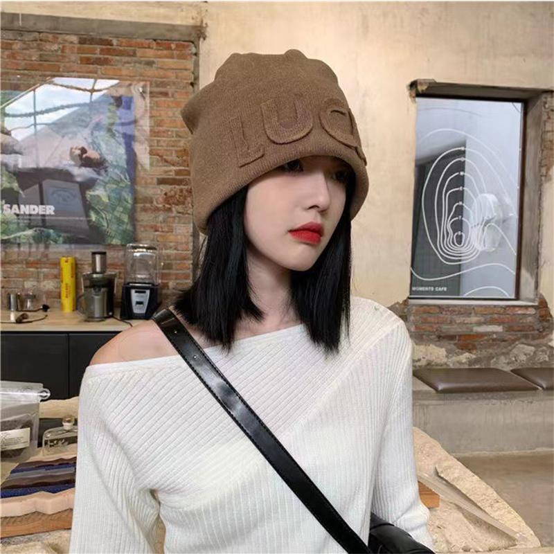 Women Autumn Winter Warm Knitted Cap Female Lady Japanese Hip Hop Loose Beanie Hats Solid Color Letter Fashion Beanie Style Hats