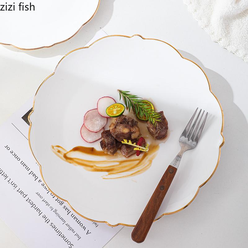 Golden Edged Ceramic Steak Plate Dining Plates Pasta Dish Dessert Bowl Sashimi Plate Fruit Bowl Serving Plates Dim Sum Dish Tray