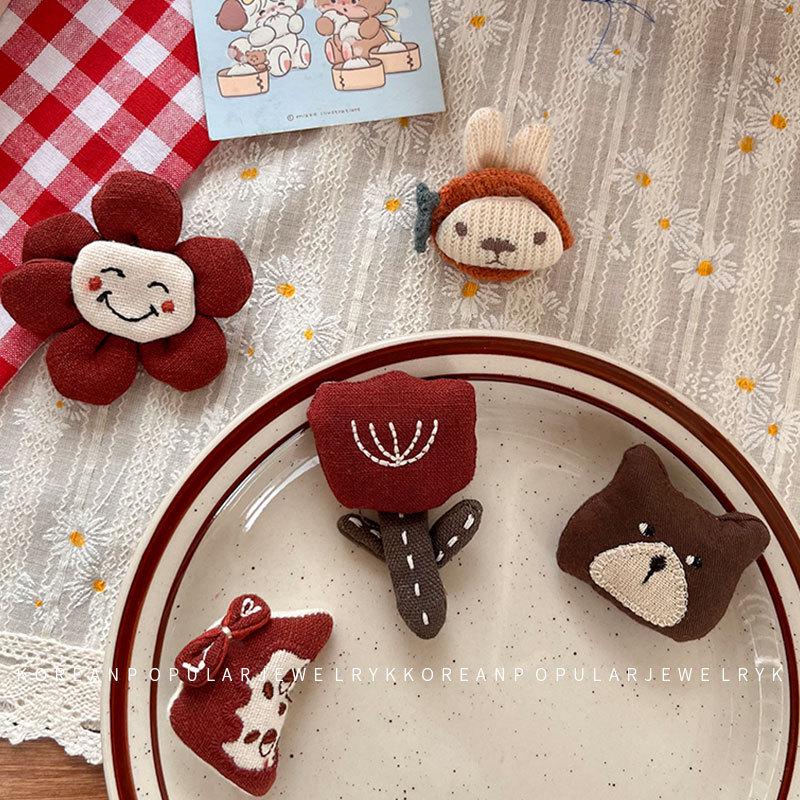 Korean Style Plush Bear & Flower Brooch – Cute Cartoon Backpack Pin Decoration