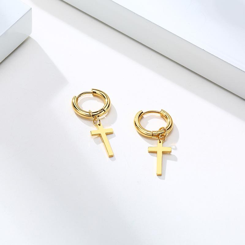 Dainty Minimalist Gold Color Dangling Cross Shaped Charm Huggie Pierced Hoop Earrings For Guy Men Women Jewelry