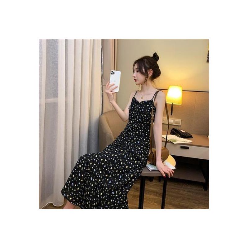 Women s French-Style Slimming Floral Camisole Dress - Summer Waist-Cinching Fairy Design Medium