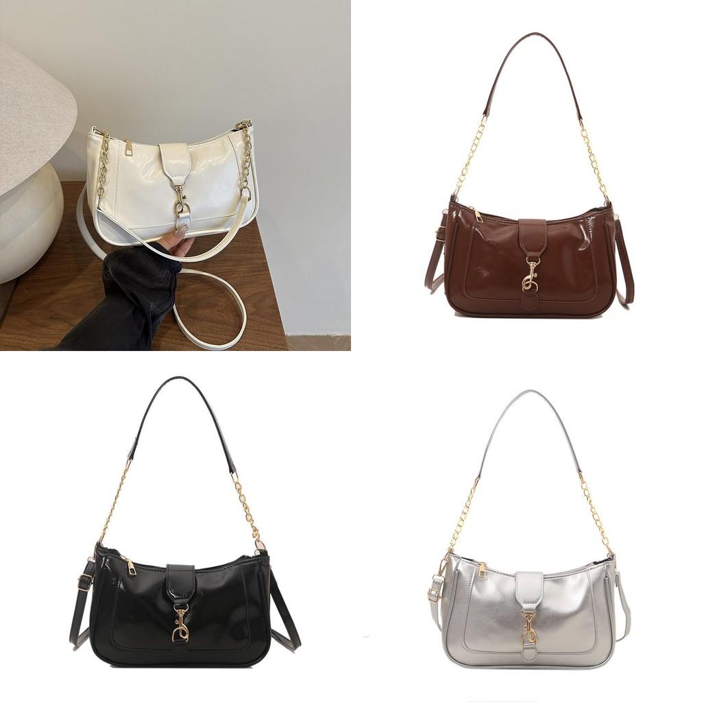 Solid Metal Color Buckle Small Ladies Shoulder Bag Zipper Closure Street Pocket