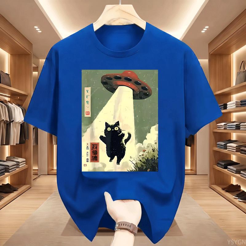 Black Cat Ufo Graphic Tshirts Japanese Cat Alien Graphic Tee Unisex Unisex Cotton Short Sleeve Printed Tshirts Streetwear Tops