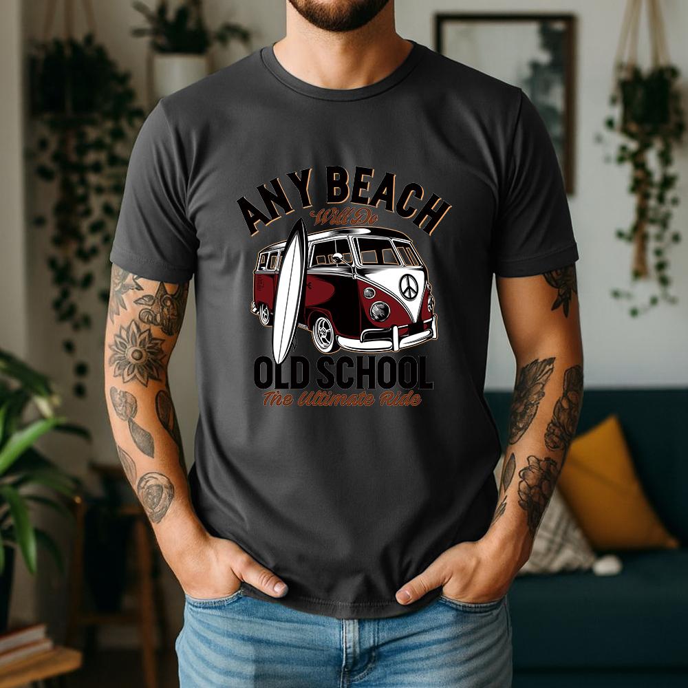 Vintage Old School Surf Bus Surfboard Print Unisexs T Shirt Loose Short Sleeve Crew Neck Beach Vacation Casual Tees
