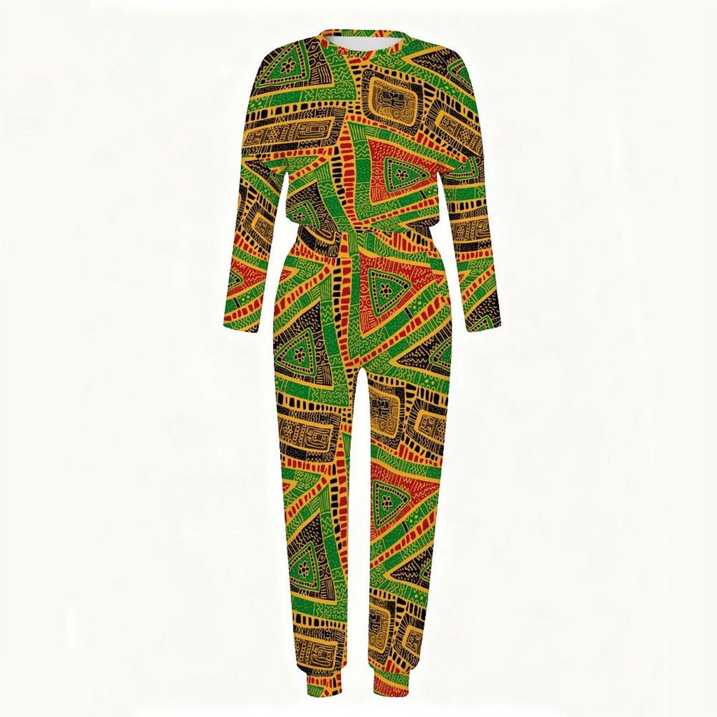 Female Round Neck Long Sleeve Top And Elastic Waist Straight Leg Trousers Two Piece Leisure Outfit