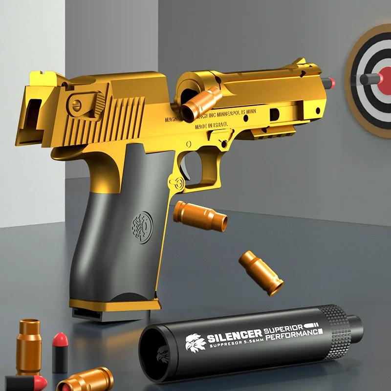 Kids Golden Desert Eagle Soft Shell Bullet Toy Gun Outdoor Combat Weapon Toy with Silencer Glock Simulation Bullet Pistol Model