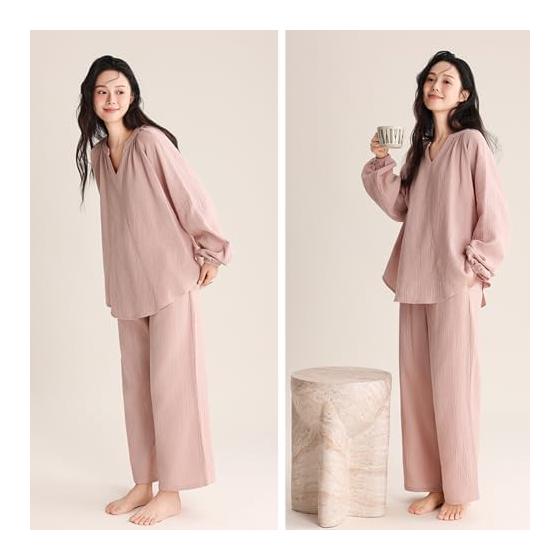 [Apparlxer] Women's Pajamas, Top and Bottom Set, Loungewear, Long Sleeve, V-Neck Top, Long Pants, Trousers, Inner Wear, Double Gauze, Cotton, Loose,