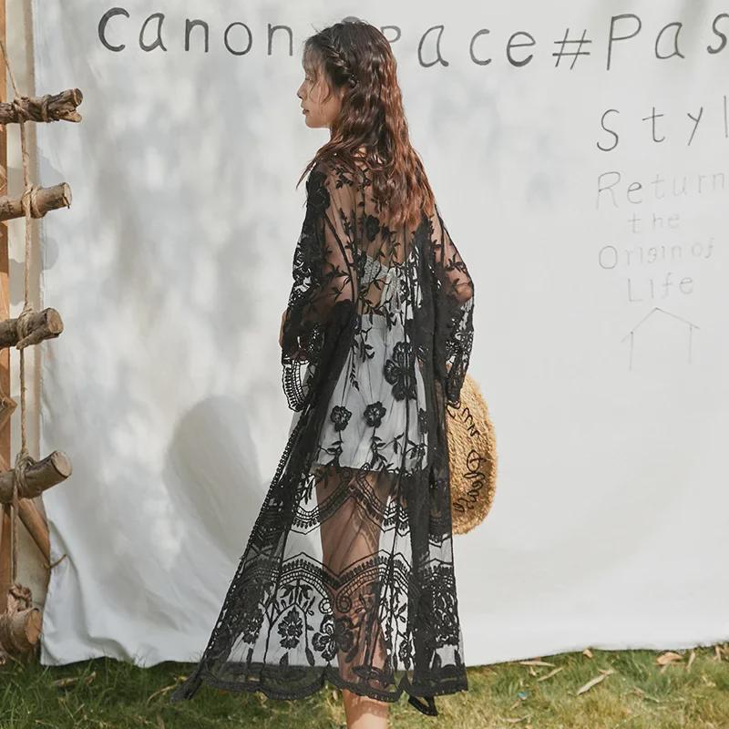 Women's Plus Size Black Lace Hollow-Out Mid-Length Summer Cardigan