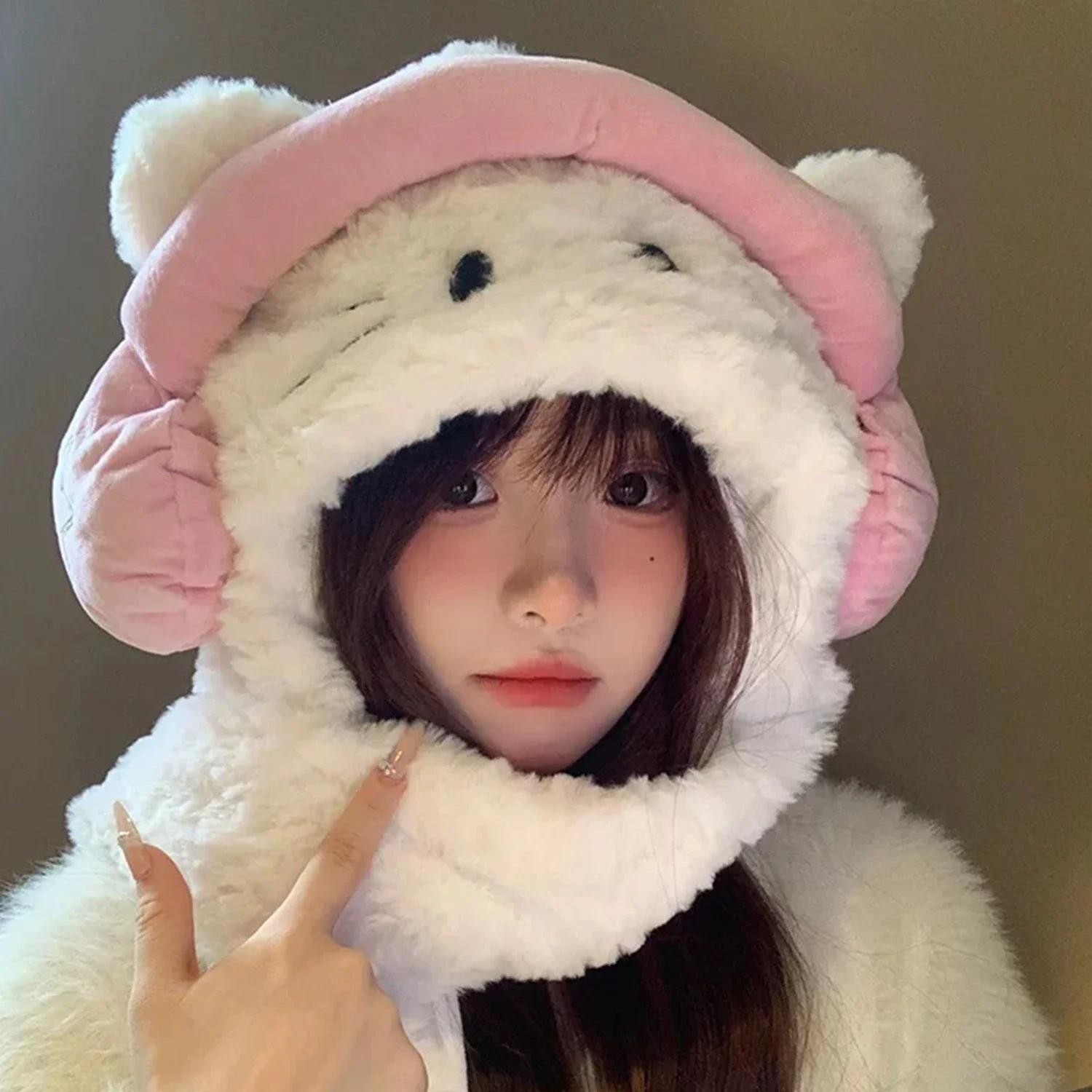 

Новая корейская милая шапка-бомбер из плюша с бантом, зимняя женская, теплая, ветрозащитная, с защитой ушей, милая шапка-бини с помпоном и кружевом