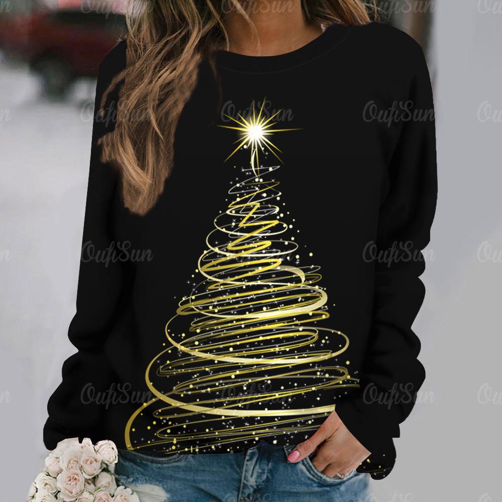 Christmas Tree Printed Women's T-Shirt Holiday Clothing For Ladies Autumn O-neck Loose Long Sleeve Tops Female Harajuku Pullover