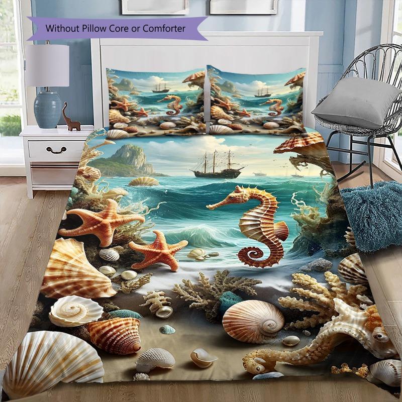 Seahorse Starfish Seashell Ocean Sailboat Print 3 Pieces Duvet Cover Set Sea Animal Bedding Bedroom Home Decor Without Pillow Core Comforter
