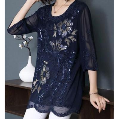 Vêtements Printemps Été pour Femmes Chemisier Vintage à Broderies Florales Coupe Ample Décontractée Chemise à Sequins Col Rond