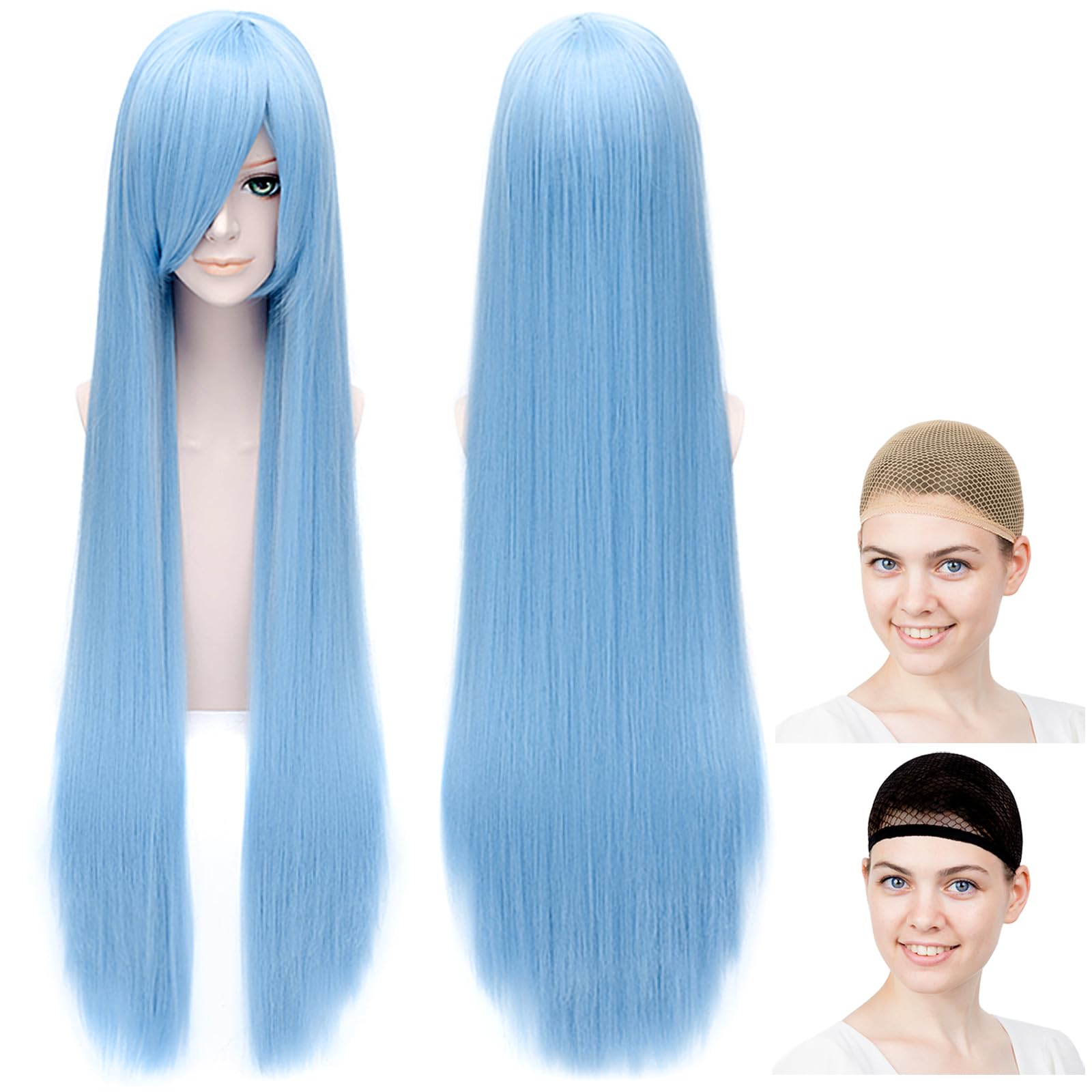 

CaseEden Косплей-парик, Гладкий, Прямой, Длинный, 100 см, Светло-голубой, Темно-синий, В комплекте 2 сетки для парика