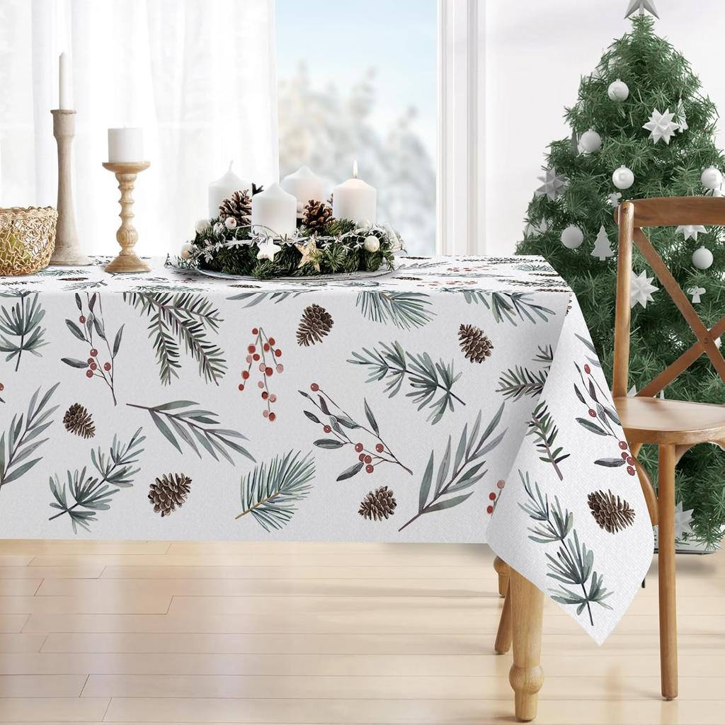 Christmas Pine Needle Holly Waterproof Tablecloth Table Decor Winter Holiday Kitchen Dining Tablecloth Christmas Decorations