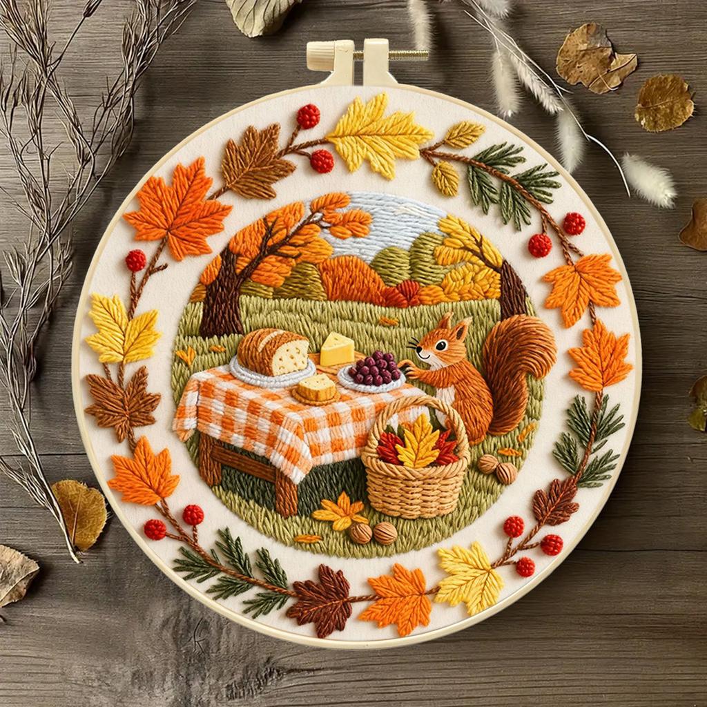 Autumn DIY Embroidery Kit with Embroidery Hoop Embroidery Stitches Practice Kit Needlepoint Kit for Beginners Craft Lovers Gift