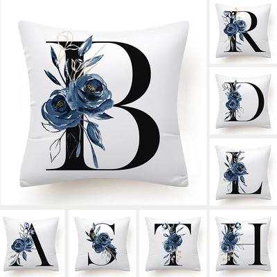 Floral Alphabet Cushion Cover 45x45 Blue Flowers Pillowcase Decorative Sofa Cushions Throw Pillows  Home Decor Pillow Cases