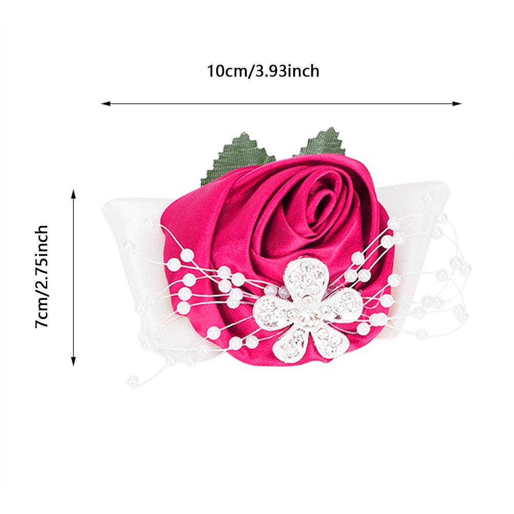 2pcs Hand Flower Bridesmaid Wrist Corsage Wedding Decorations Diamond Rose(Rose Red)