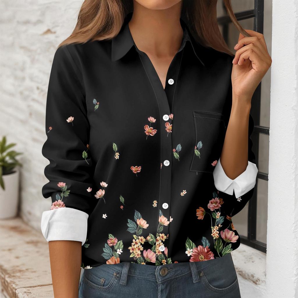 Women's Button Down Prints Shirt Long Sleeve Shirt Business Work Tops Casual With Pockets Jacket