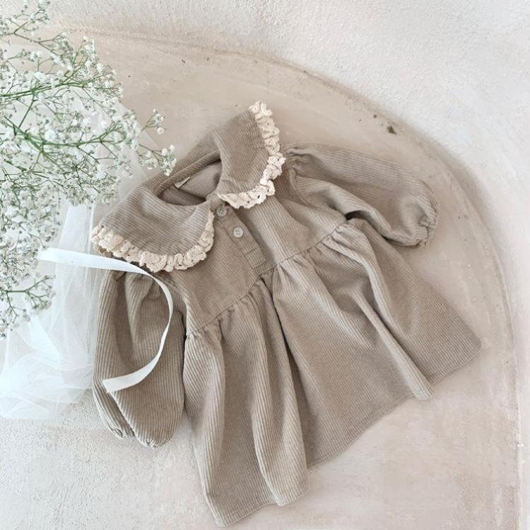 Girls' Korean Corduroy Princess Dress with Lace Lapel and Long Sleeves for Autumn/Winter