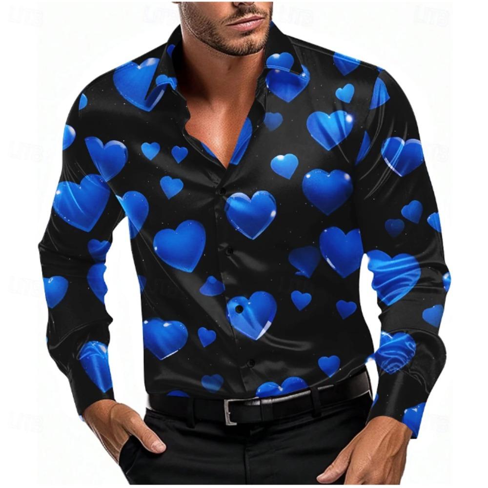 Camicie a maniche lunghe da uomo con stampa a forma di cuore, cardigan casual, nuovi bottoni, camicie per la moda delle vacanze