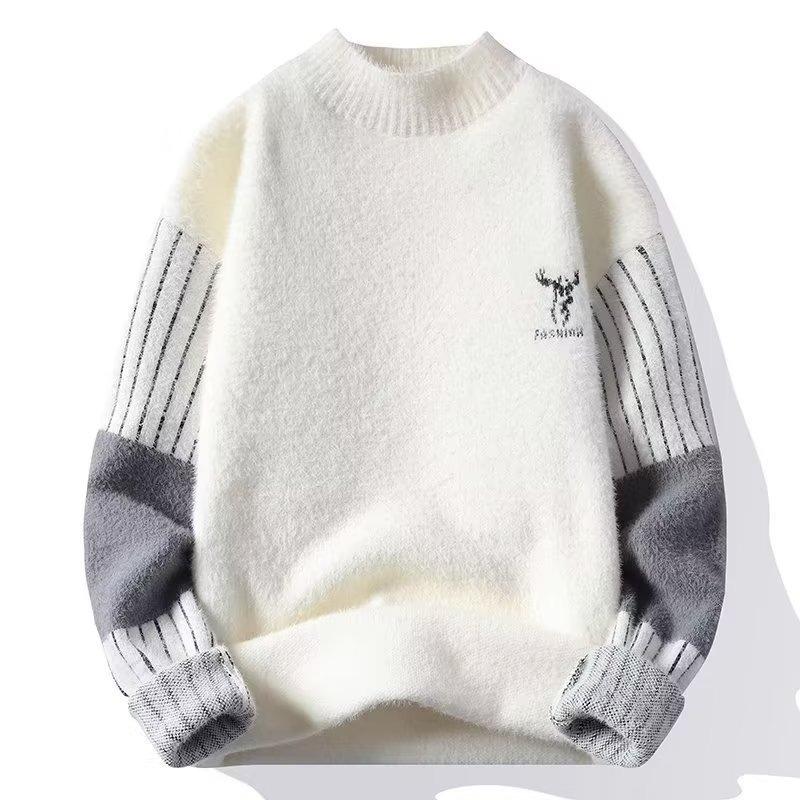 

Men s Fleece-Lined Half-High Collar Pullover Sweater for Young Students - Warm and Simple Knitwear for Autumn and Winter M білий