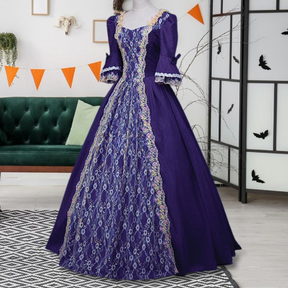 Women Performance Dress Stage Show Retro Royal Style Lace Bow Decor Bell Sleeve Patchwork A-line Hallowen Party Carnival Evening
