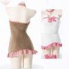 Fun Christmas Plush Backless Maid Dress Bear Nightdress, Sexy Plaid Lace Bow Pajamas Hip Skirt