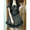 Summer French Vintage College Style Square Neck Lace Bubble Sleeve Plaid Dress Women's Waist Princess Fluffy Dress