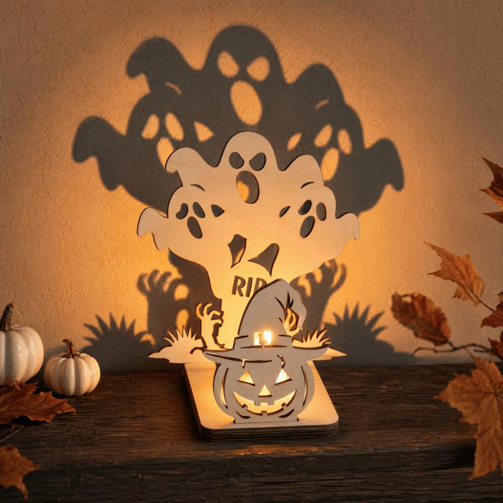 Wooden Material Shadow Projection Candle Holder Pumpkin Shape Halloween Candlestick Spooky Party