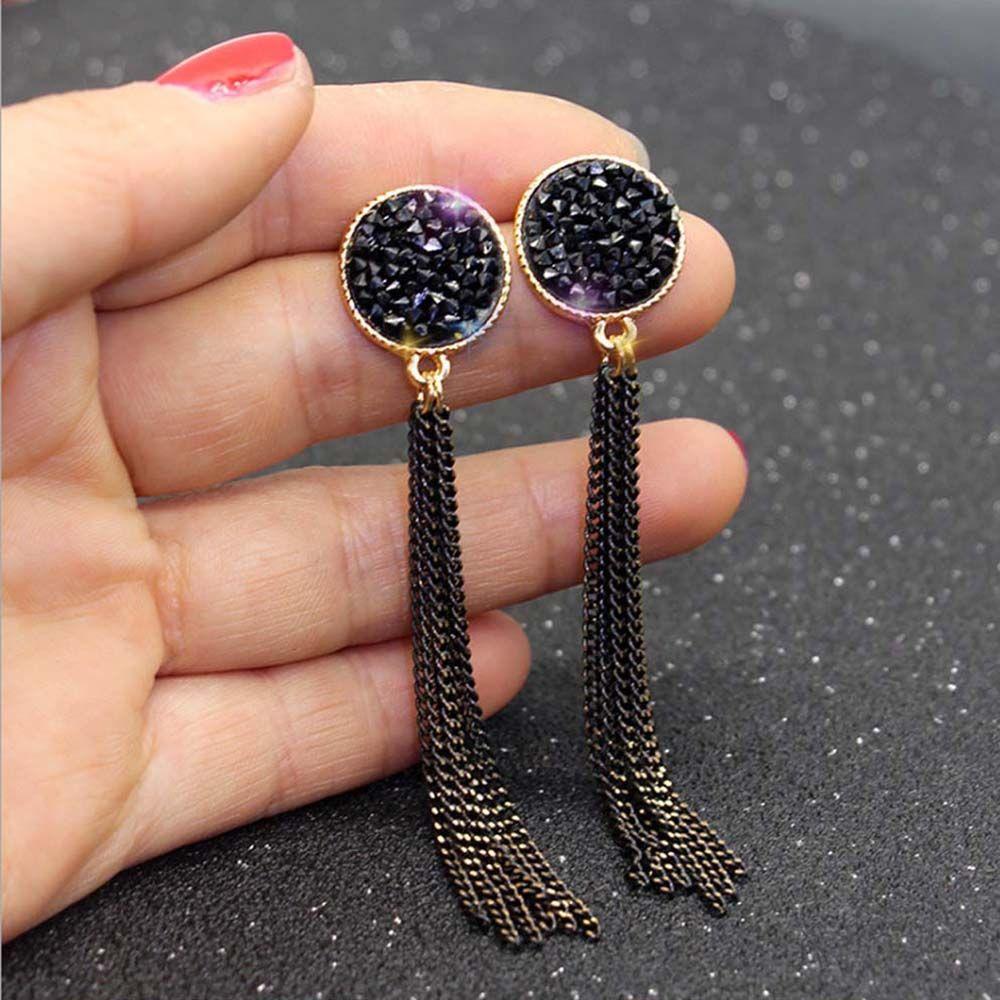 Lady Elegant Party Accessories Black Round Long Fashion Tassel Dangle Earrings Ear Studs Jewelry