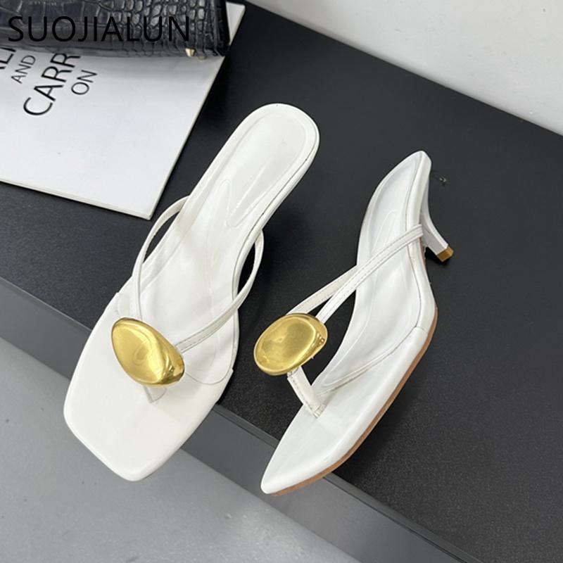 Fashion SUOJIALUN Summer New Brand Women Slipper Fashion Gold Metal Buckle Slip On Ladies Elegant Flip Flop Shoes Thin High Heel Slides